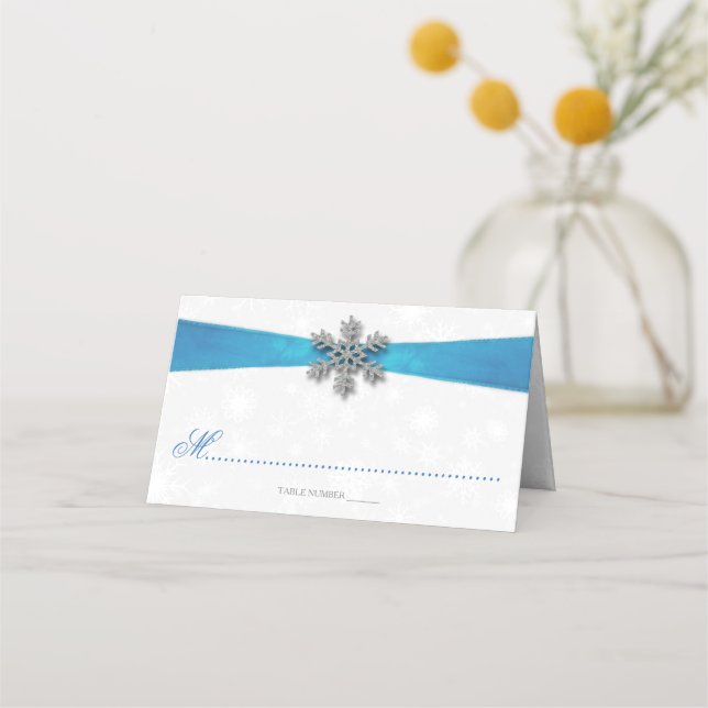Tarjeta De Asiento Boda de Invierno Diamante Snowflake & Blue Ribbon (Anverso)