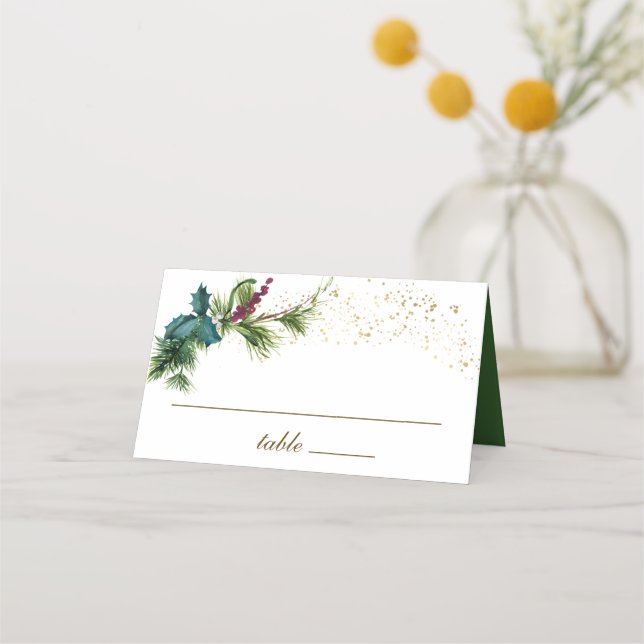 Tarjeta De Asiento Boda de Invierno Evergreen Holly para navidades (Anverso)
