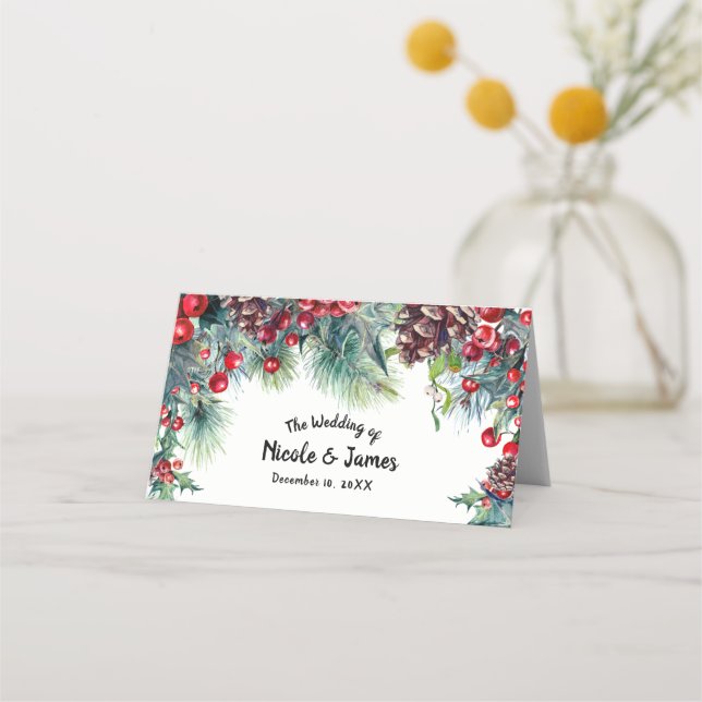 Tarjeta De Asiento Boda de Invierno Holly Berry Pine Cone Table (Anverso)
