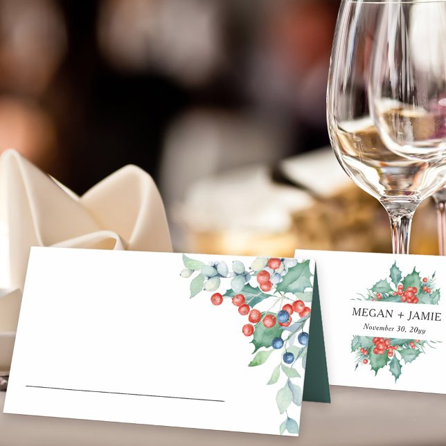 Tarjeta De Asiento Boda de invierno Holly y Berries (Table place cards for winter wedding, christmas rehearsal dinner, festive wedding reception ..)