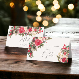 Tarjeta De Asiento Boda de Invierno Rústica Verde Rojo