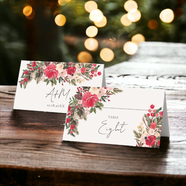 Tarjeta De Asiento Boda de Invierno Rústica Verde Rojo (Rustic Red green Floral Winter Wedding Place Card)