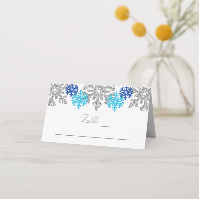 Tarjeta De Asiento Boda de Invierno Silver Blue Snowflakes (Anverso)