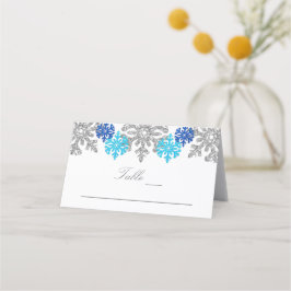 Tarjeta De Asiento Boda de Invierno Silver Blue Snowflakes