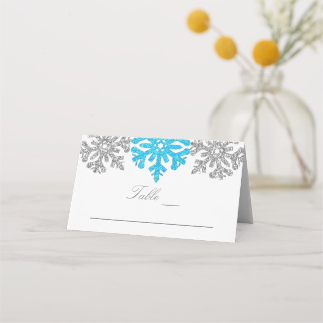 Tarjeta De Asiento Boda de Invierno Silver Blue Snowflakes (Anverso)