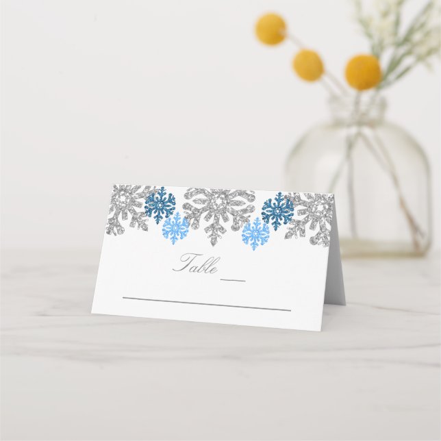 Tarjeta De Asiento Boda de Invierno Silver Blue Snowflakes (Anverso)