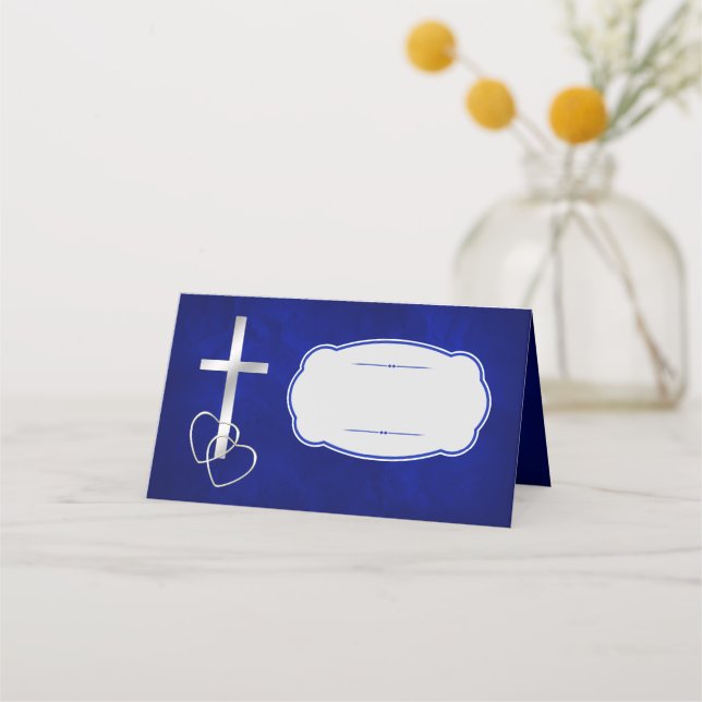 Tarjeta De Asiento Boda de la Cruz Cristiana de Plata Azul (Anverso)