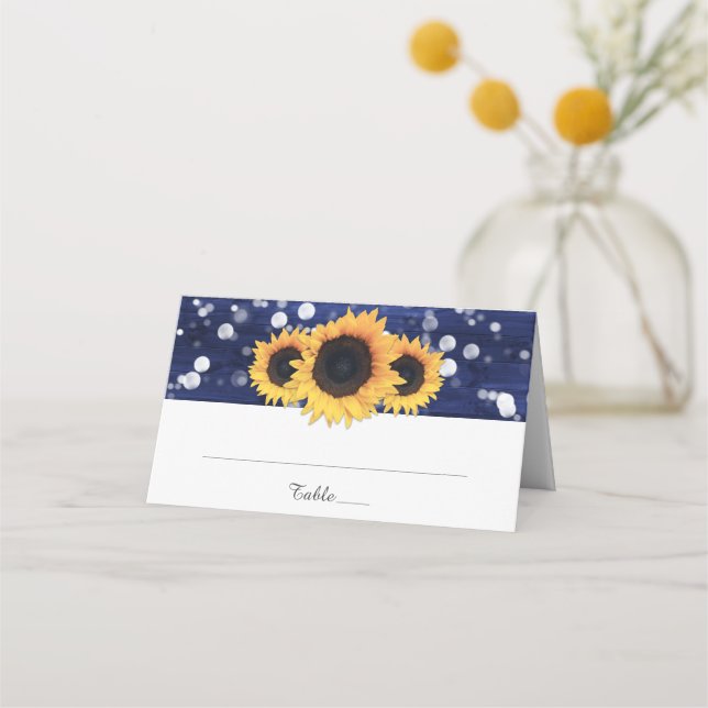 Tarjeta De Asiento Boda de la Marina Blue Sunflower Rustic Wood Light (Anverso)