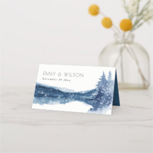 TARJETA DE ASIENTO BODA DE LA MONTAÑA DE NIEVE AZUL DE LA TINTA INDIG