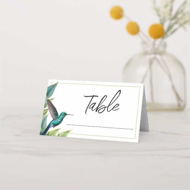 Tarjeta De Asiento Boda de las hojas tropicales de Emerald Hummingbir (Anverso)