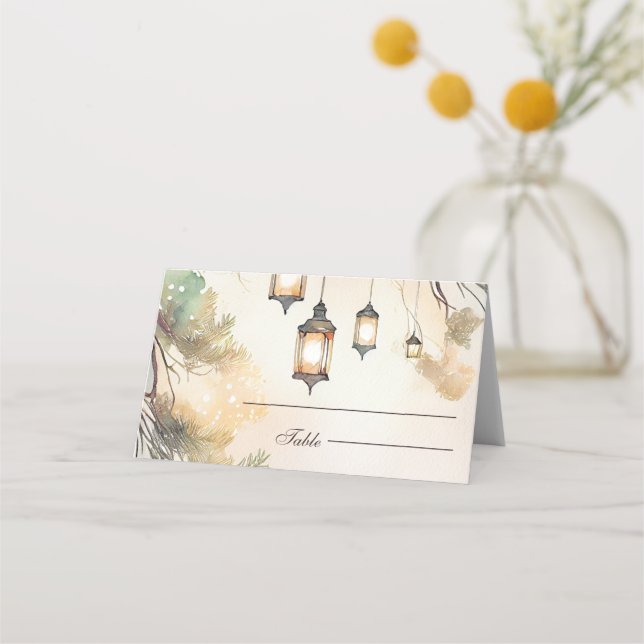 Tarjeta De Asiento Boda de las luces botánicas del árbol rústico (Anverso)