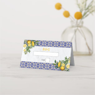 Tarjeta De Asiento Boda de limón azul blanco amarillo mediterráneo