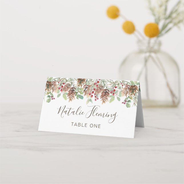 Tarjeta De Asiento Boda de los Navidades de Winter Greenery Pine Red  (Anverso)