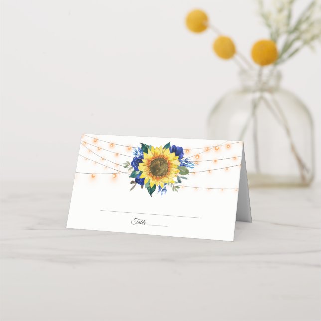 Tarjeta De Asiento Boda de luces de cadena floral azul girasol (Anverso)