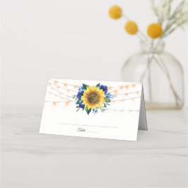 Tarjeta De Asiento Boda de luces de cadena floral azul girasol