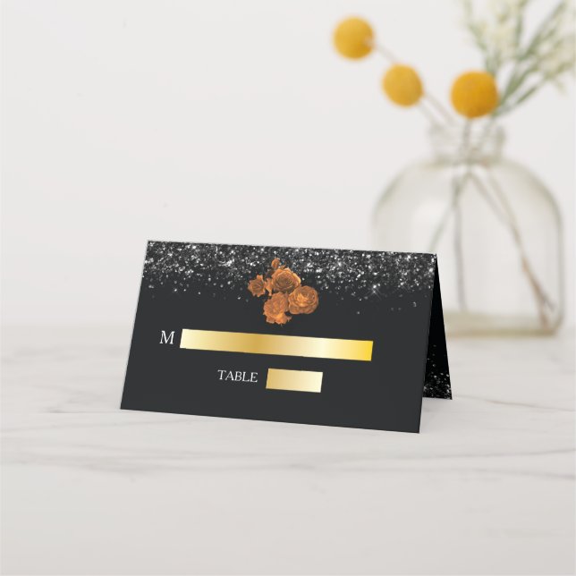 Tarjeta De Asiento Boda de lujo Diseño floral negro y Naranja (Anverso)