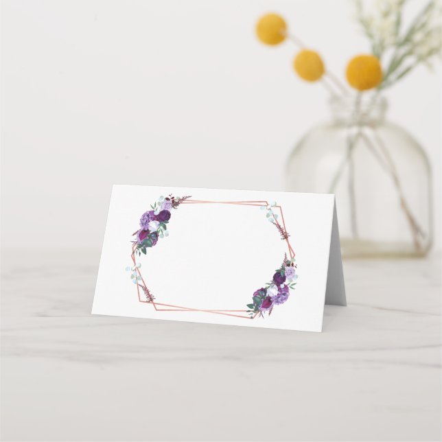 Tarjeta De Asiento Boda de marco geométrico con Rosa floral púrpura (Anverso)