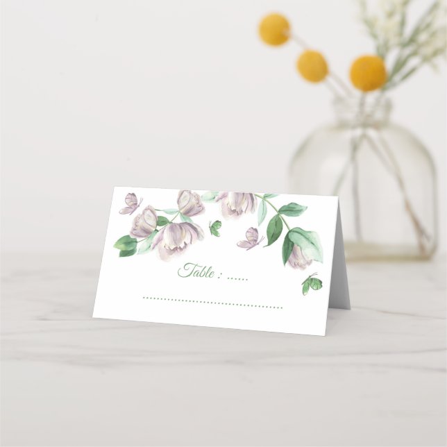 Tarjeta De Asiento boda de mariposas con flores moradas (Anverso)