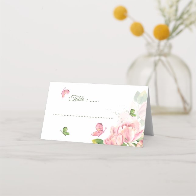 Tarjeta De Asiento boda de mariposas con flores rosadas calientes (Anverso)