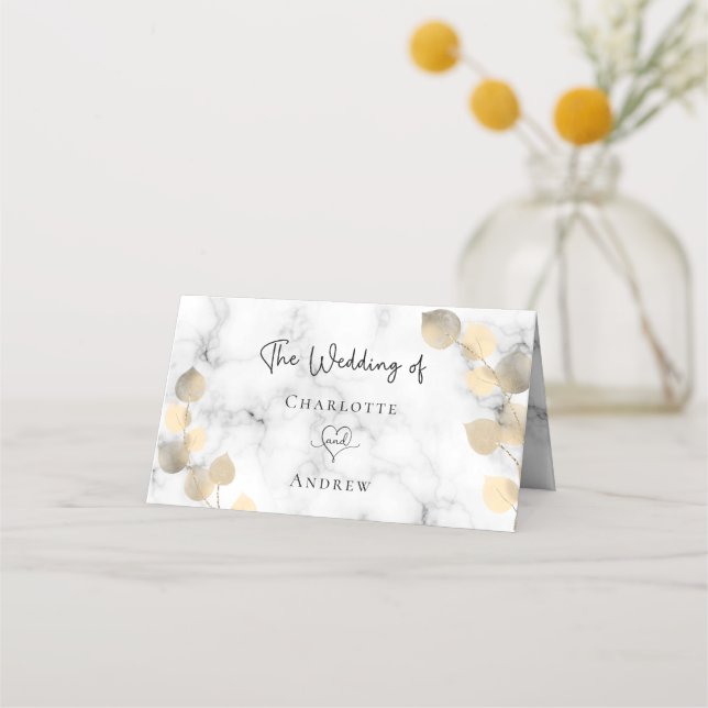 Tarjeta De Asiento Boda de mármol folicular de eucalipto dorado (Reverso)