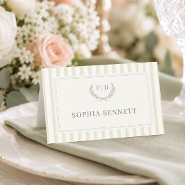 Tarjeta De Asiento Boda de Monograma con Rayas Verde Salvia