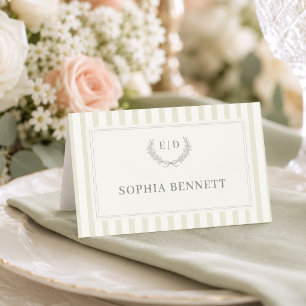 Tarjeta De Asiento Boda de Monograma con Rayas Verde Salvia