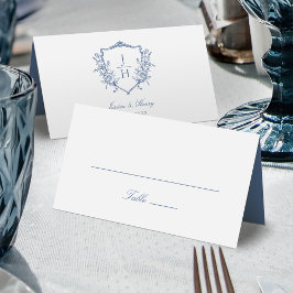 Tarjeta De Asiento Boda de Monograma de Cresta Floral Regencia Azul 