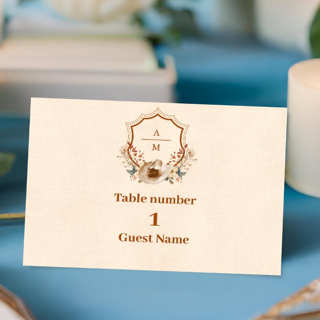 Tarjeta De Asiento Boda de Monograma de Escudo occidental floral (Subido por el creador)