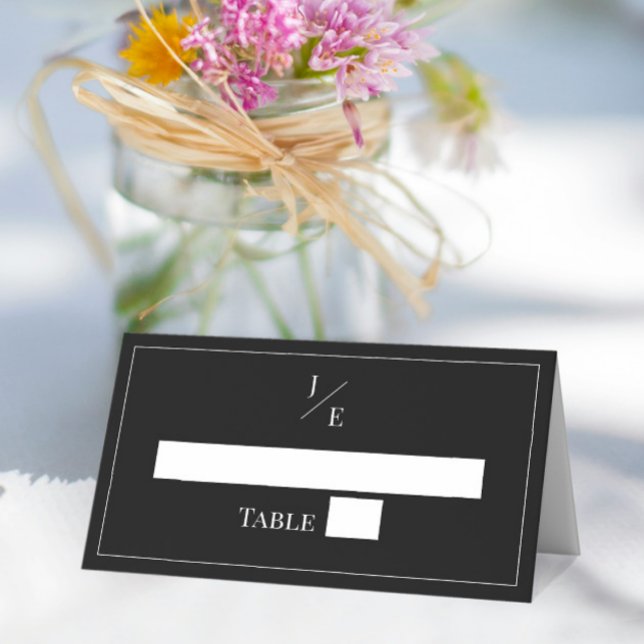Tarjeta De Asiento Boda de monograma minimalista | Negro (Black Minimalist Monogram Wedding Place Card)