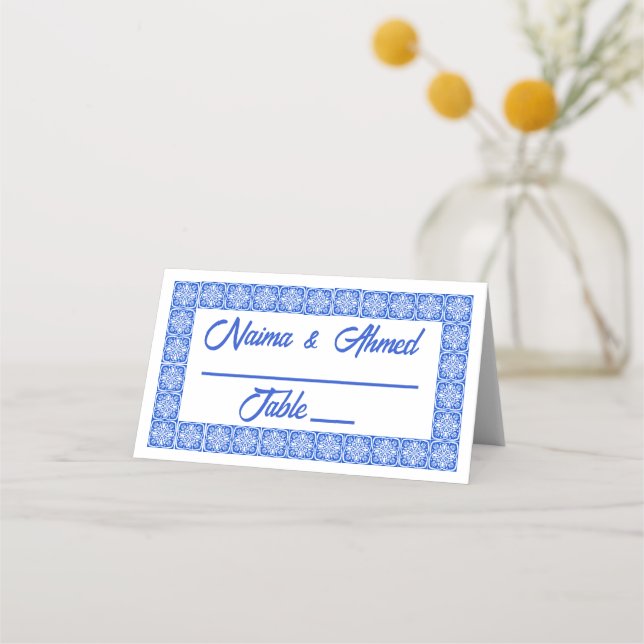 Tarjeta De Asiento Boda de mosaicos azul marroquí (Anverso)