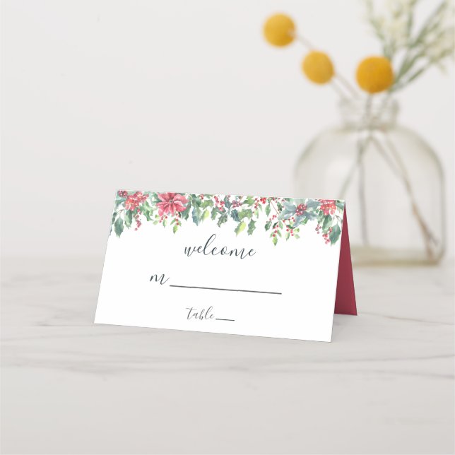 Tarjeta De Asiento Boda de Navidades de Poinsettia con la bienvenida  (Anverso)