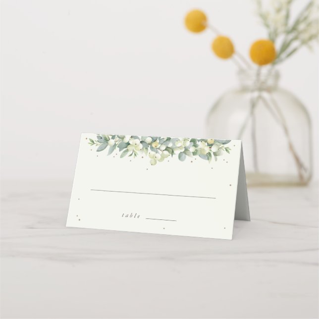 Tarjeta De Asiento Boda de nieve verde/crema + eucalipto (Anverso)