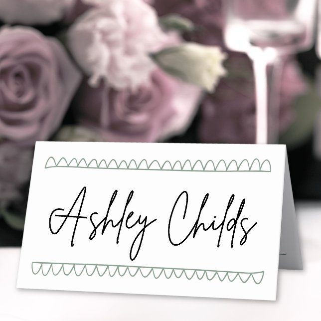 Tarjeta De Asiento Boda de nombre caprichoso verde de mano (Hand Drawn Green Whimsical Name Wedding Place Card)