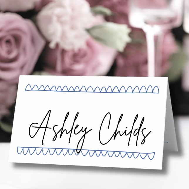 Tarjeta De Asiento Boda de nombres singulares azul dibujado a mano (Hand Drawn Blue Whimsical Name Wedding Place Card )