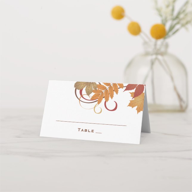 Tarjeta De Asiento Boda de Otoño con Hojas Caídas Rústicas (Anverso)