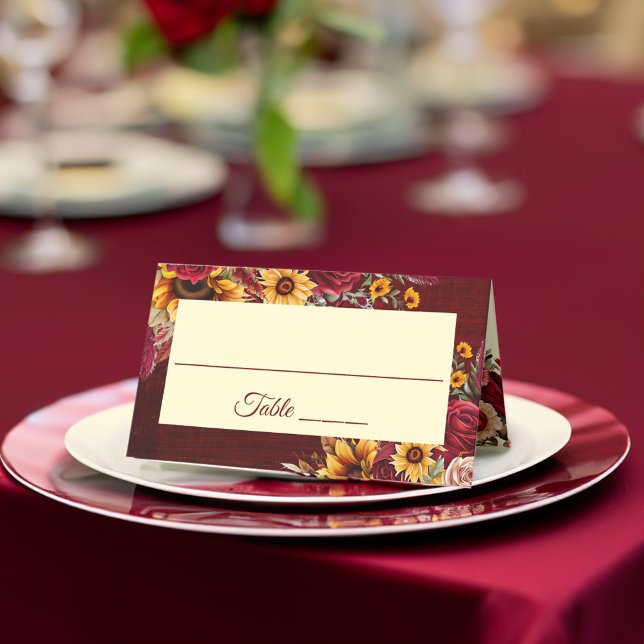Tarjeta De Asiento Boda de otoño rosas burdeos girasoles amarillos (Fall wedding rustic burgundy roses yellow sunflowers place card personalized reception table decor)