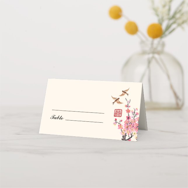 Tarjeta De Asiento Boda de pájaros floridos pintados de tinta china (Anverso)