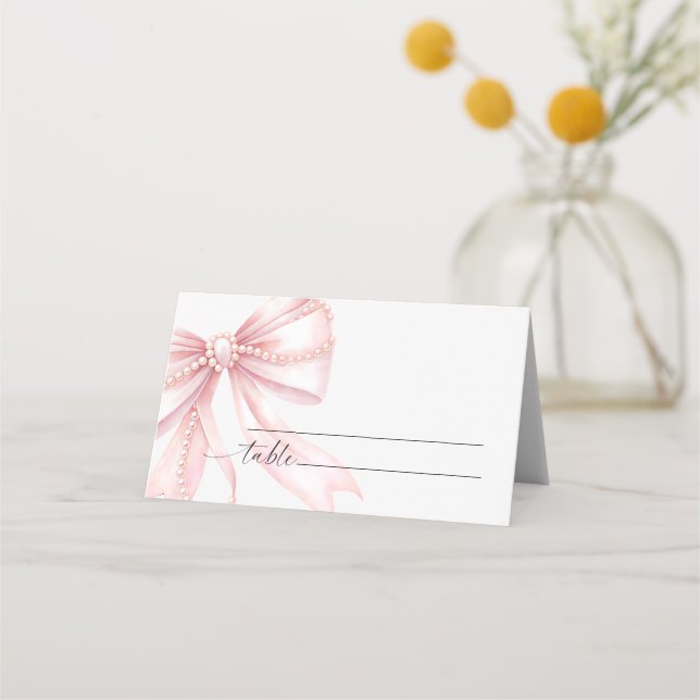 Tarjeta De Asiento Boda de Perlas y Lazo Rosa  (Anverso)