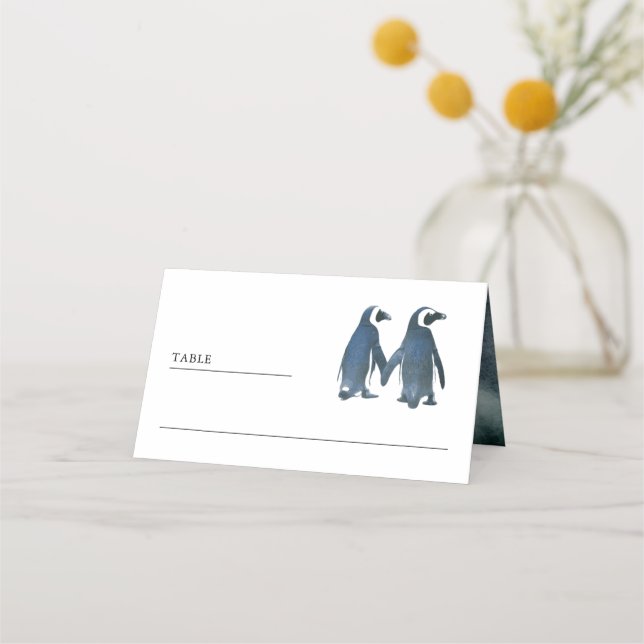 Tarjeta De Asiento Boda de pingüino de pareja romántica (Anverso)