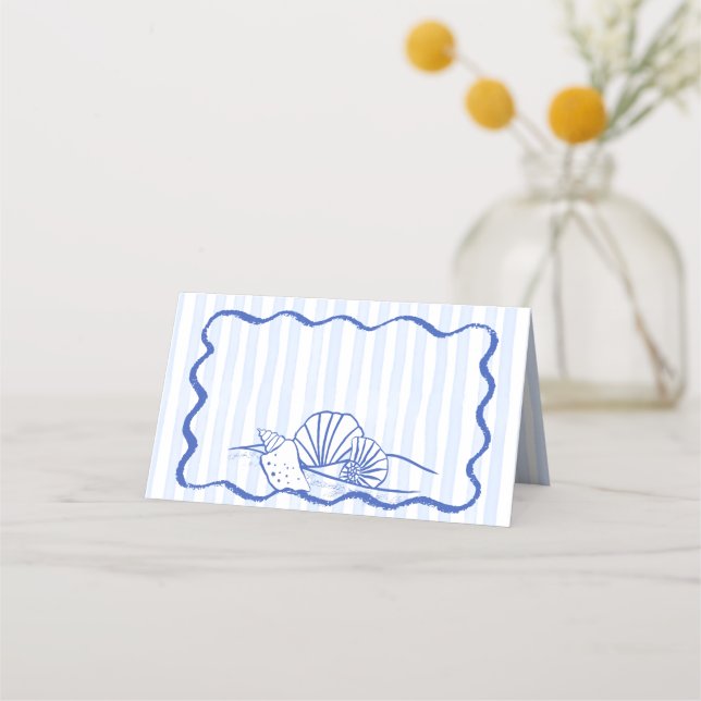 Tarjeta De Asiento Boda de playa ondulada azul con cascos azules (Anverso)