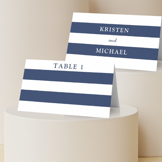Tarjeta De Asiento Boda de rayas azules y blancas náuticas (Nautical Blue & White Striped Wedding Place Card)