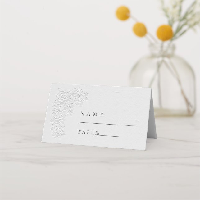 Tarjeta De Asiento Boda de Rosas Blancas con Relieve Falso (Anverso)