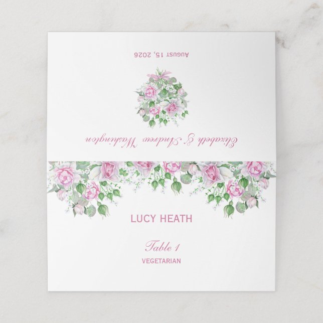 Tarjeta De Asiento Boda de Rosas Románticas Rosadas (Exterior desplegado)