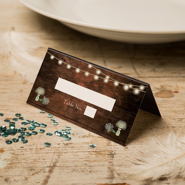 Tarjeta De Asiento Boda de Rustic Barn Wood Mason Jar String Lights (Subido por el creador)