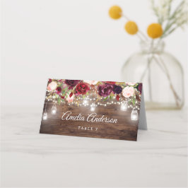 Tarjeta De Asiento Boda de Rustic Burgundy Floral String Lights