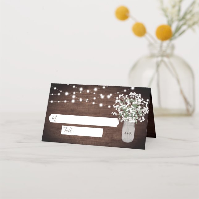 Tarjeta De Asiento Boda de Rustic Mason Jar String Lights (Anverso)
