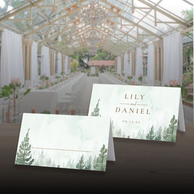 Tarjeta De Asiento Boda de selva de pino rústico doblado (Rustic Pine Tree Forest Wedding Folded Place Card)