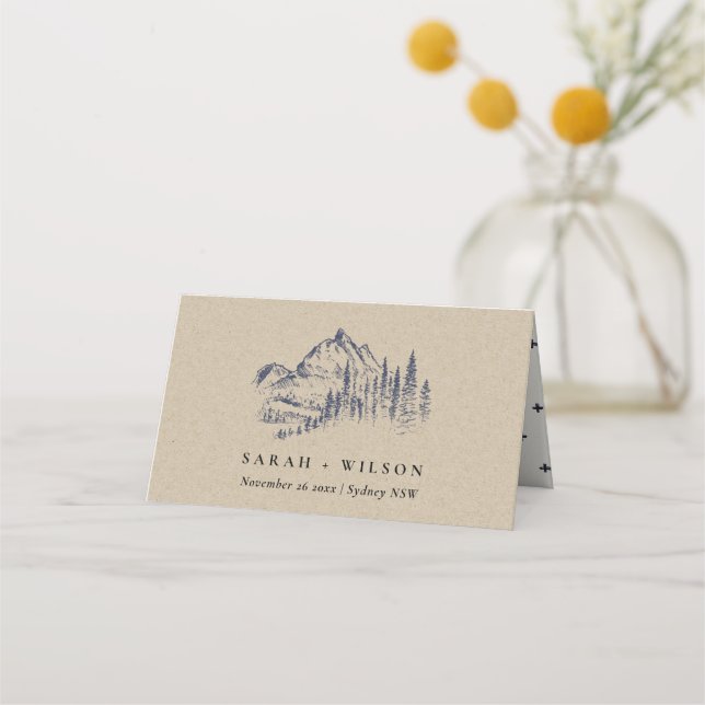 Tarjeta De Asiento Boda de sketch de la montaña Kraft Navy Pine Woods (Anverso)