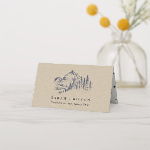 Tarjeta De Asiento Boda de sketch de la montaña Kraft Navy Pine Woods