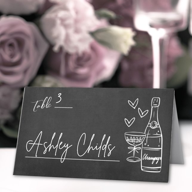 Tarjeta De Asiento Boda de tablero de caligrafía caprichoso con mano (Hand Drawn Whimsical Chalkboard Wedding Place Card)